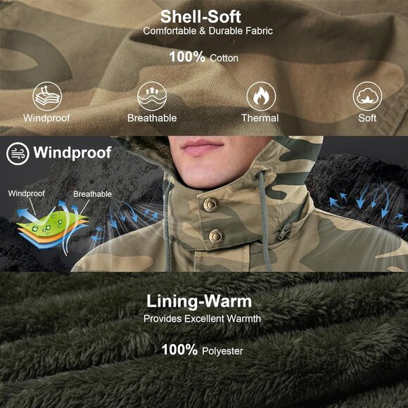 Mens Camo Thick Winter Jacket Hooded Fleece Lined Cotton Military Coat - Picture 3 of 6
